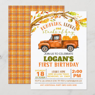 Pumpkins, Leaves and Stacks of Hay Birthday Invitation