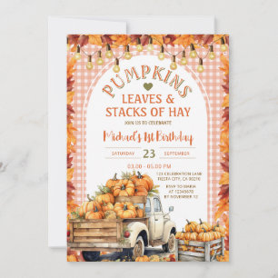 Pumpkins Leaves and Stacks of Hay Fall Birthday Invitation
