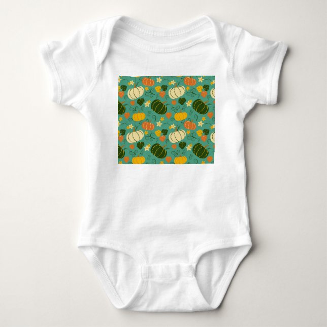 Pumpkins, leaves: autumn vegetable pattern baby bodysuit (Front)