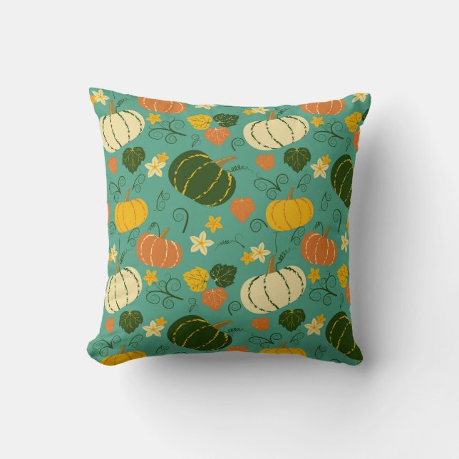 Pumpkins, leaves: autumn vegetable pattern cushion (Front)
