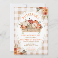 Pumpkins Leaves Hay Autumn Gingham 1st Birthday