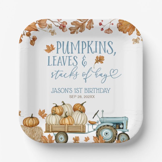 Pumpkins Leaves & Stacks of Hay Boy Paper Plate (Front)