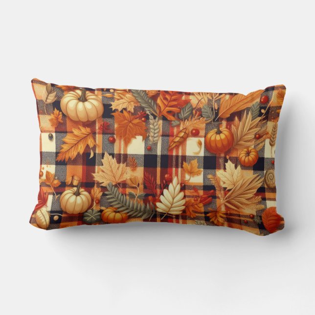 Pumpkins Maple Leaves Autumn Plaids  Lumbar Cushion (Back)