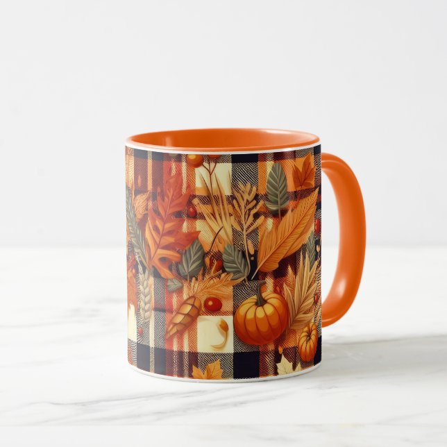 Pumpkins Maple Leaves Autumn Plaids  Mug (Front Right)