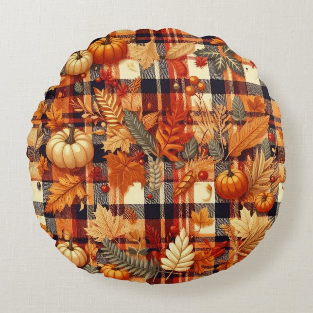 Pumpkins Maple Leaves Autumn Plaids  Round Cushion (Front)