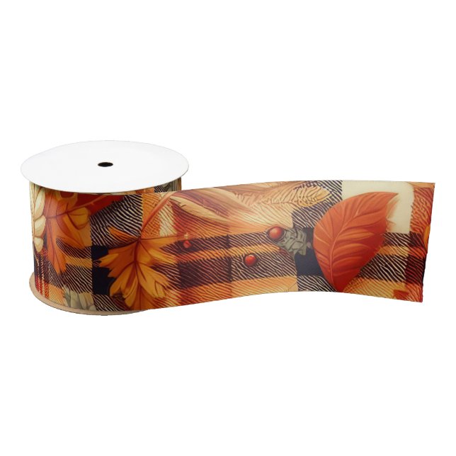 Pumpkins Maple Leaves Autumn Plaids  Satin Ribbon (Spool)