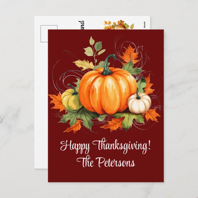 Pumpkins Maple Trees Leaves Happy Thanksgiving Holiday Postcard (Front/Back)