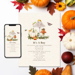 Pumpkins Mushroom Woodland Insects Boy Baby Shower Invitation<br><div class="desc">Nature storybook page inspired baby shower invitation featuring illustration of two mushrooms surrounded by moth,  bee,  grasshopper,  and snail with two pumpkins.</div>