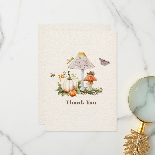 Pumpkins Mushroom Woodland Insects Boy Baby Shower Thank You Card (Front/Back In Situ)