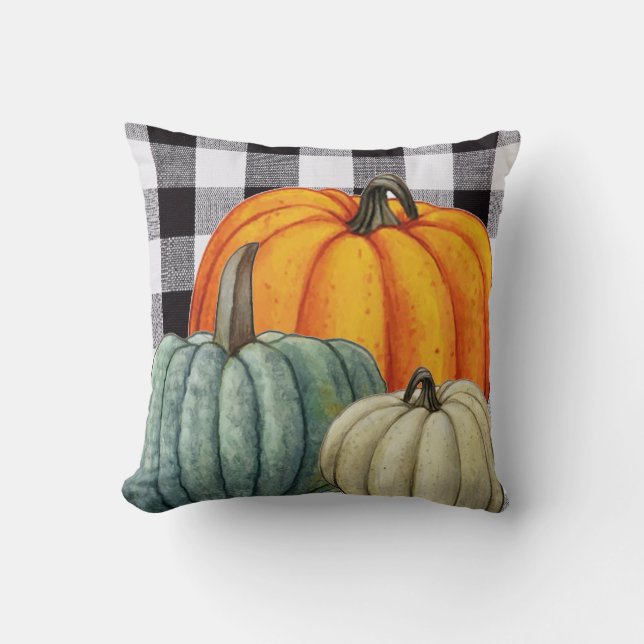 Pumpkins on Black and white gingham plaid Fall  Cushion (Front)