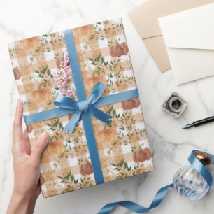 Pumpkins on Orange and White Check  Wrapping Paper