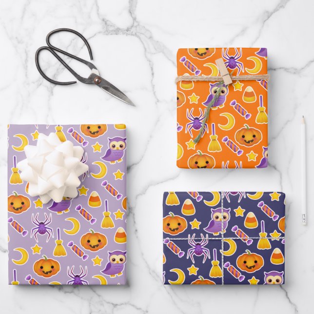 Pumpkins, Owls & Candy Halloween Wrapping Paper Sheet (Front)