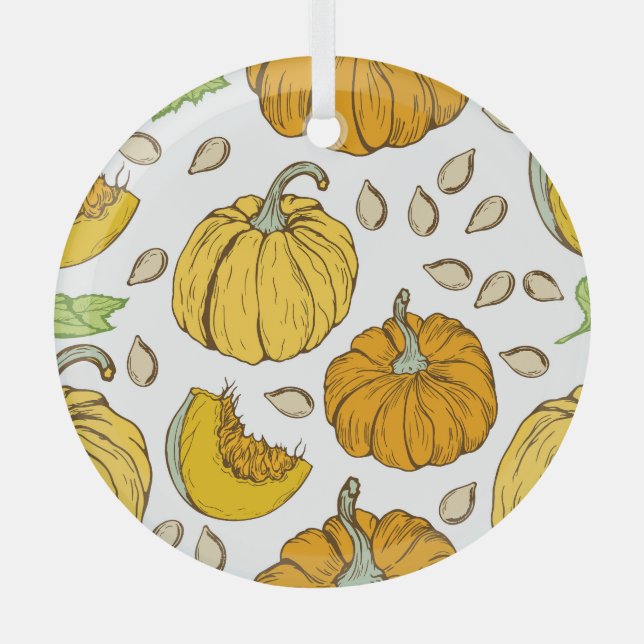 Pumpkins Retro Sketch: Thanksgiving Pattern. Glass Tree Decoration (Front)