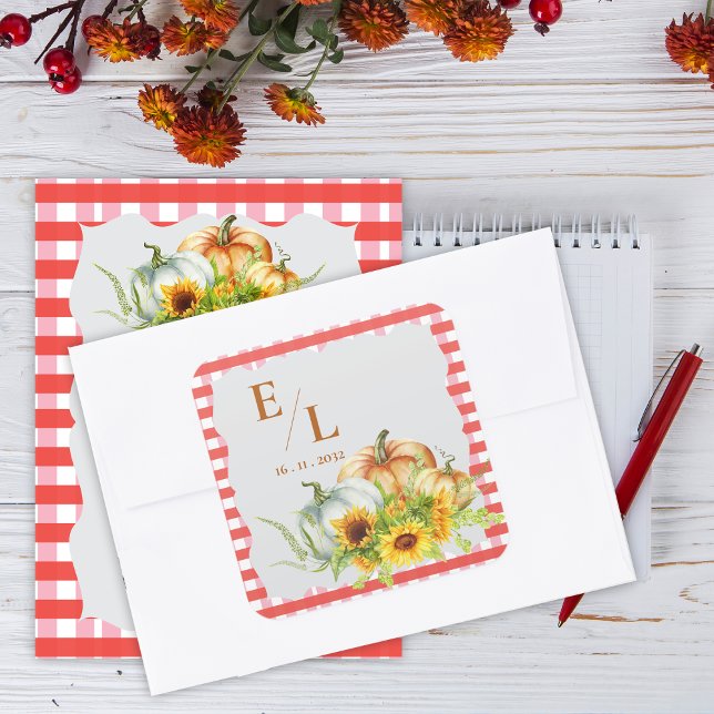 Pumpkins Rustic Fall Monogram Wedding Envelope Square Sticker (Pumpkins Rustic Fall Monogram Wedding Envelope Square Sticker)