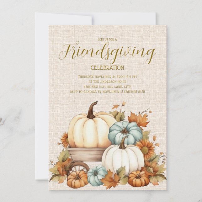 Pumpkins Rustic Teal White Friendsgiving (Front)