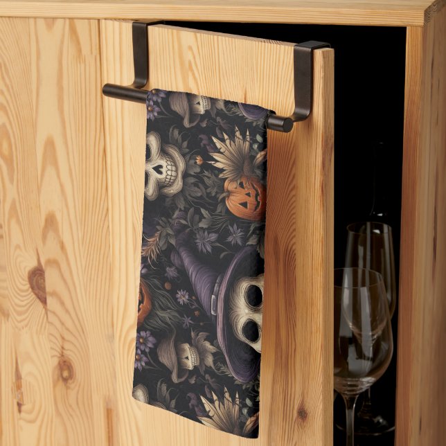Pumpkins Skulls Flowers Halloween  Tea Towel (Thirds Fold)