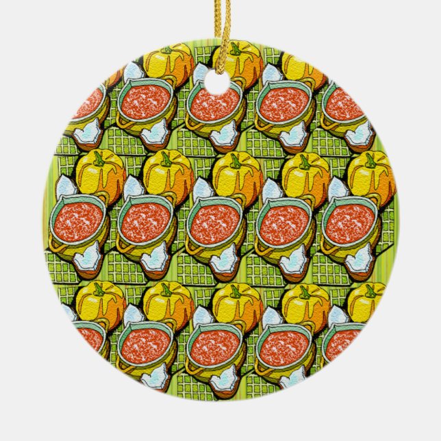 Pumpkins, Soup and Striped Background Ceramic Tree Decoration (Front)