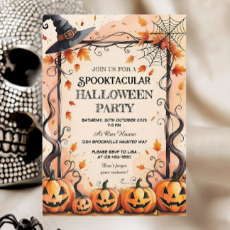 Pumpkins, Spider Webs & Witch Hat Halloween Party  Invitation