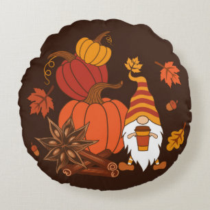 Pumpkins, star anise, cinnamon sticks, autumn leav round cushion