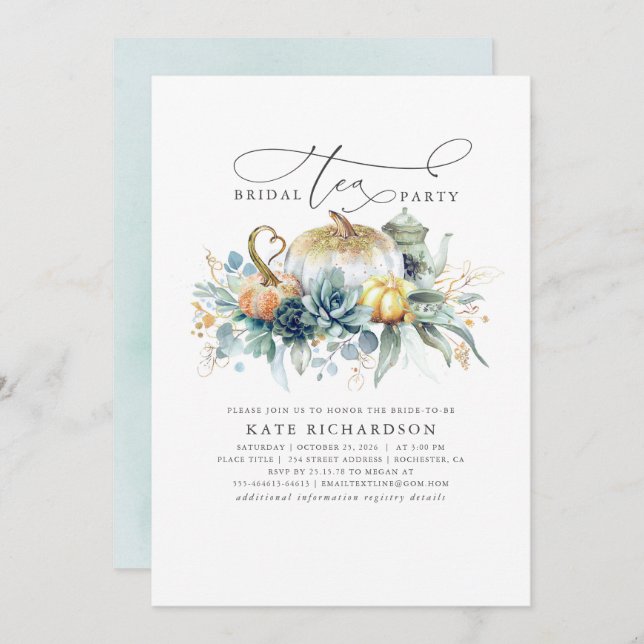 Pumpkins Succulents Fall Bridal Shower Tea Party Invitation (Front/Back)