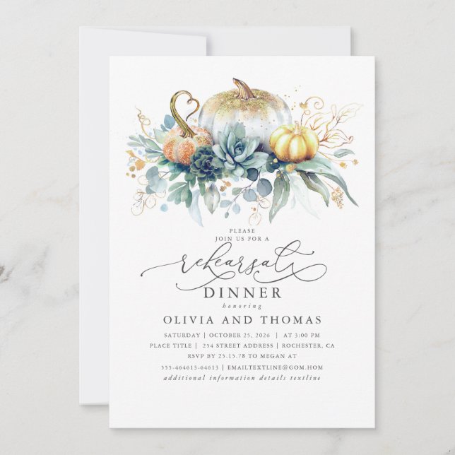 Pumpkins Succulents Greenery Fall Rehearsal Dinner Invitation (Front)