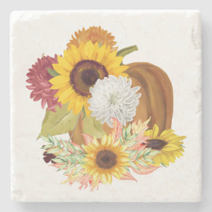 Pumpkins, Sunflowers and Mums Fall Colours Stone Coaster