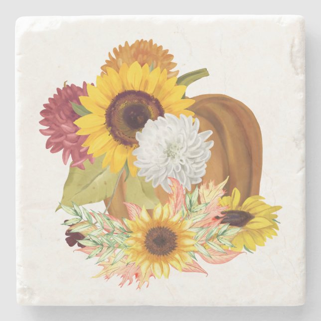 Pumpkins, Sunflowers and Mums Fall Colours Stone Coaster (Front)