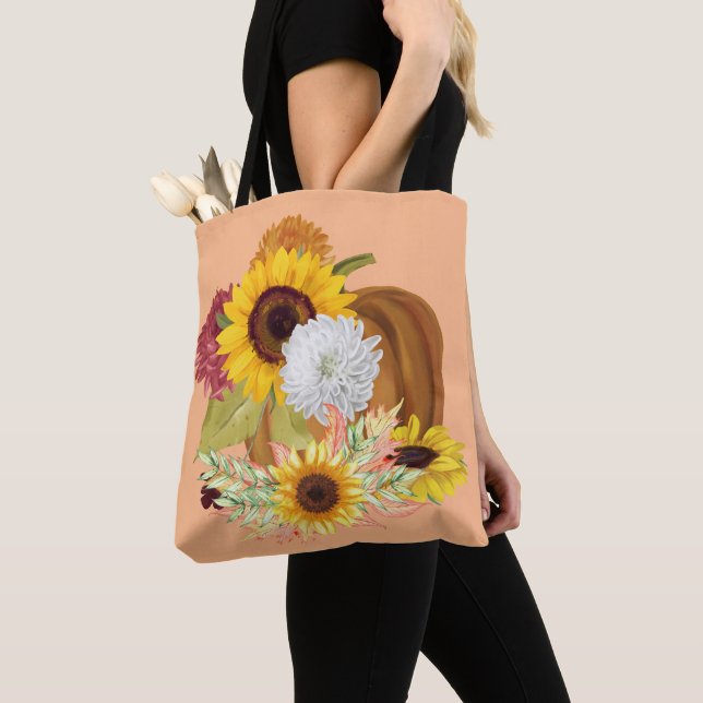Pumpkins, Sunflowers and Mums Fall Colours Tote Bag (Close Up)
