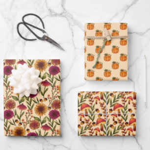 Pumpkins, Sunflowers and Mushrooms on Cream Wrapping Paper Sheet