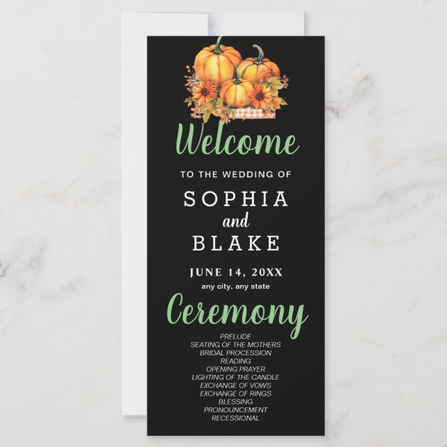 Pumpkins & Sunflowers Fall Black Wedding Program (Front)