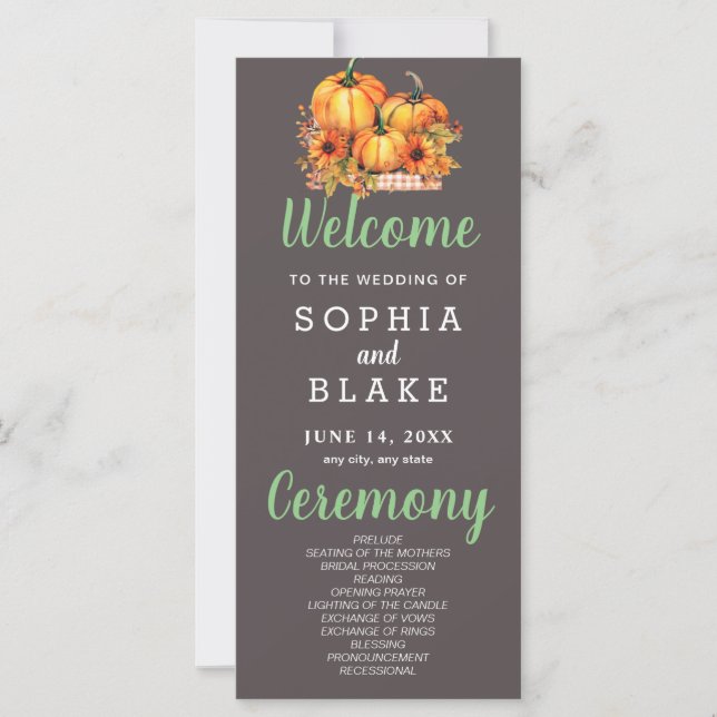 Pumpkins & Sunflowers Fall Grey Wedding Program (Front)