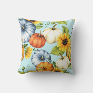 Pumpkins, sunflowers, watercolor illustration cushion