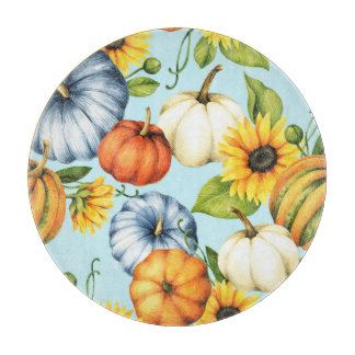 Pumpkins, sunflowers, watercolor illustration cutting board