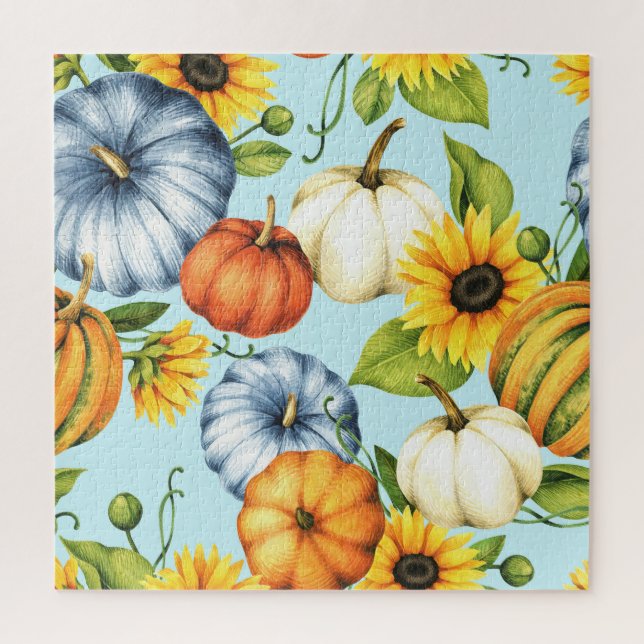 Pumpkins, sunflowers, watercolor illustration jigsaw puzzle (Vertical)