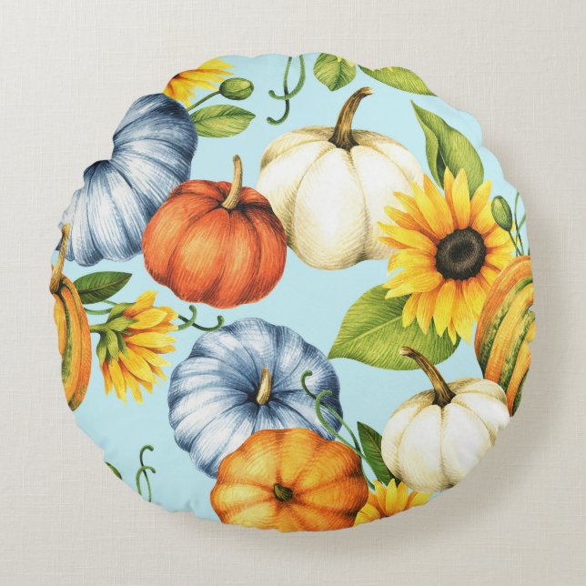 Pumpkins, sunflowers, watercolor illustration round cushion (Front)