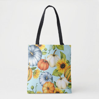 Pumpkins, sunflowers, watercolor illustration tote bag