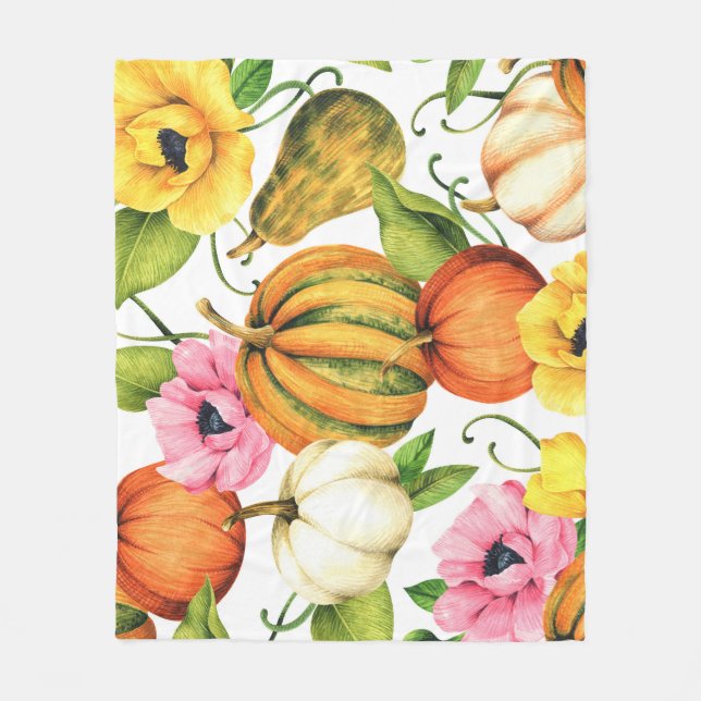 Pumpkins Sunflowers: Watercolor Pattern Design Fleece Blanket (Front)