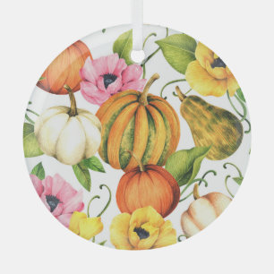 Pumpkins Sunflowers: Watercolor Pattern Design Glass Tree Decoration