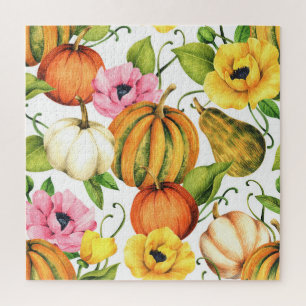 Pumpkins Sunflowers: Watercolor Pattern Design Jigsaw Puzzle