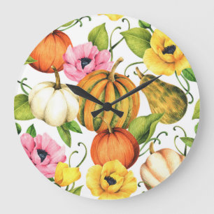 Pumpkins Sunflowers: Watercolor Pattern Design Large Clock