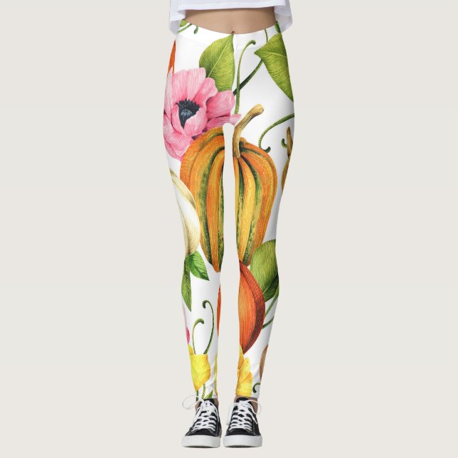 Pumpkins Sunflowers: Watercolor Pattern Design Leggings (Front)