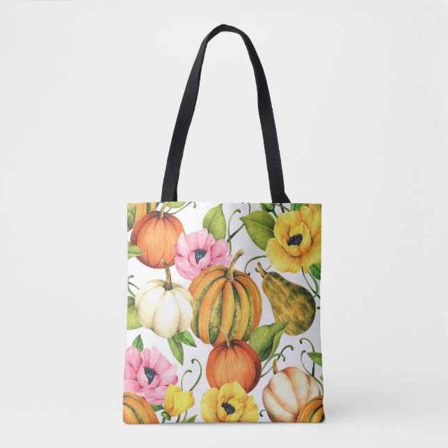 Pumpkins Sunflowers: Watercolor Pattern Design Tote Bag (Front)