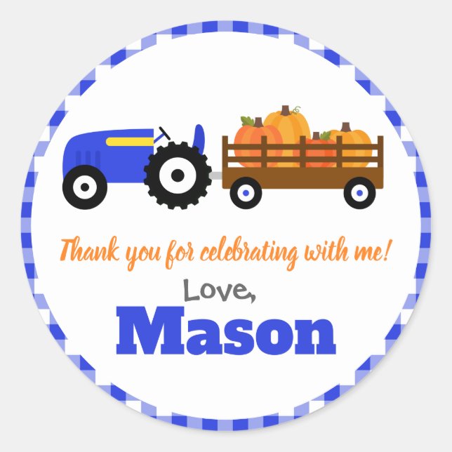 Pumpkins Truck Pumpkin Patch - Blue Tractor Round Classic Round Sticker (Front)
