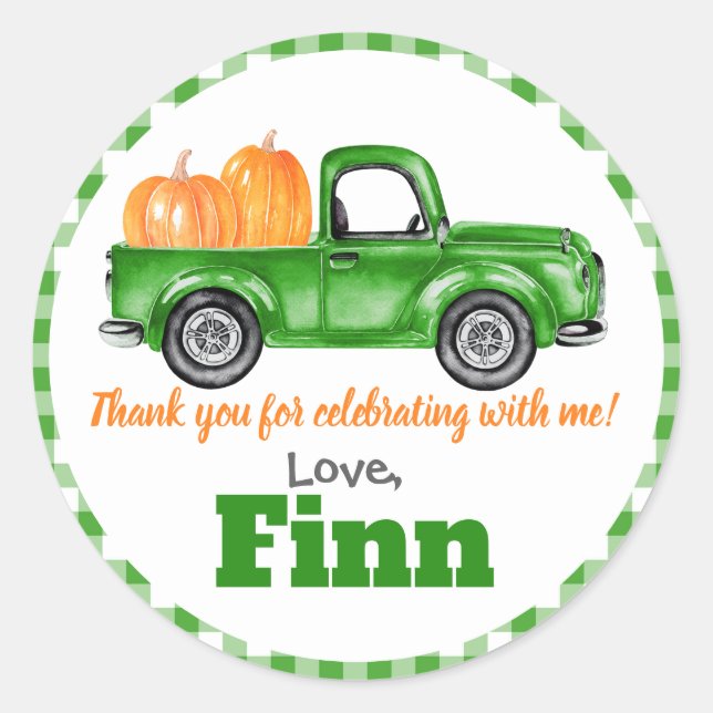 Pumpkins Truck Pumpkin Patch - Green Truck Round Classic Round Sticker (Front)