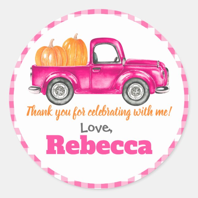 Pumpkins Truck Pumpkin Patch - Pink Truck Round Classic Round Sticker (Front)