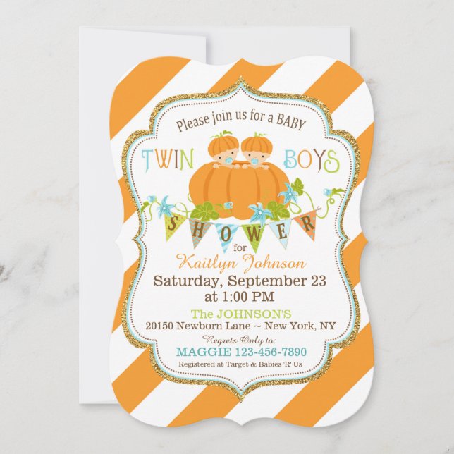 Pumpkins Twin Boys Fall Baby Shower Invitations (Front)