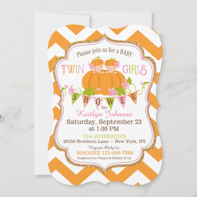 Pumpkins Twin Girls Fall Baby Shower Invitations (Front)