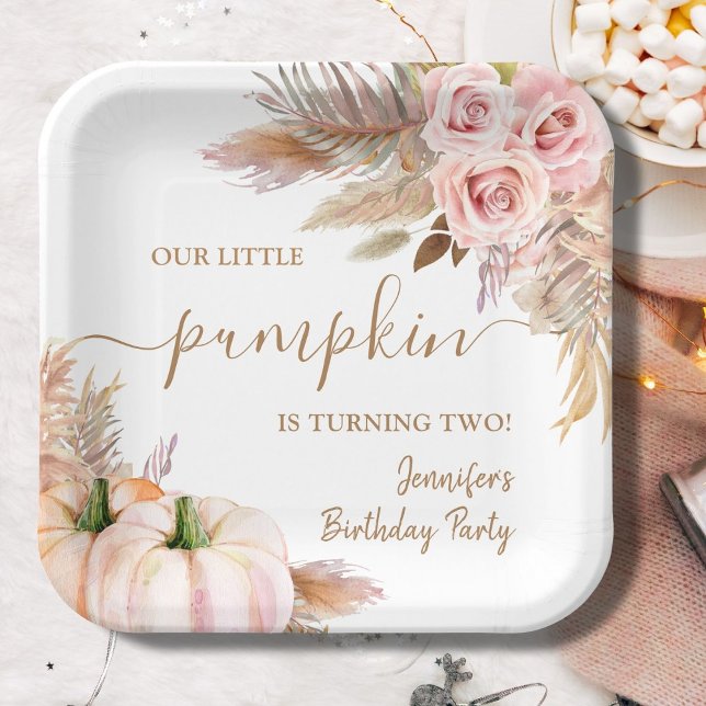 Pumpkins Watercolor Boho Girls Fall 2nd Birthday Paper Plate (Creator Uploaded)