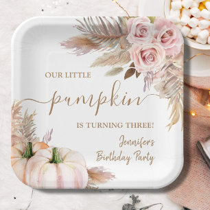 Pumpkins Watercolor Boho Girls Fall 3rd Birthday Paper Plate