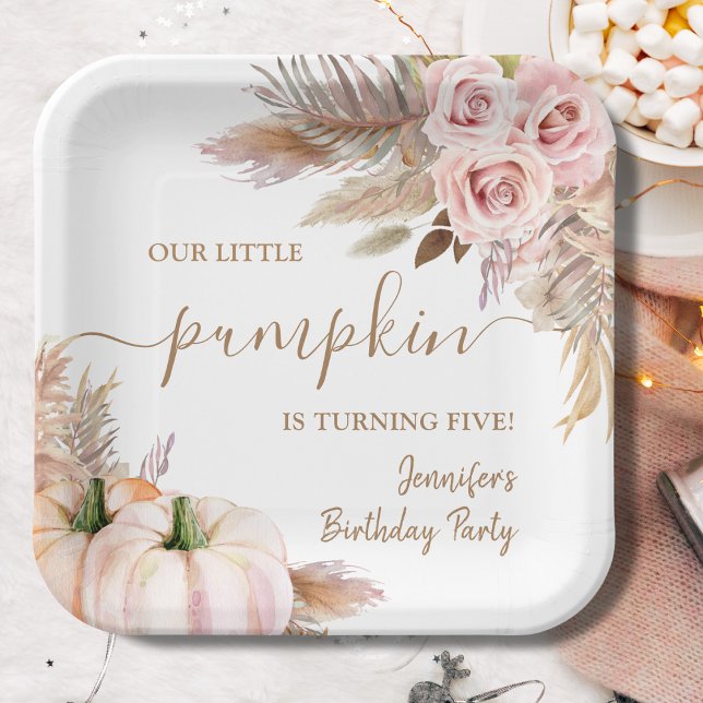 Pumpkins Watercolor Boho Girls Fall 5th Birthday Paper Plate (Creator Uploaded)